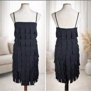 CACHE’ Black Tiered Square Fringe Party Dress Spaghetti Strap Evening LBD Sz 6